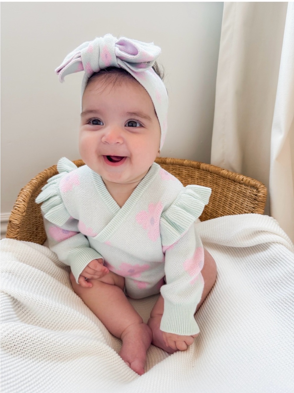 Indigo Dreams Mint & Pink Floral Knit Wrap Bodysuit with Headband